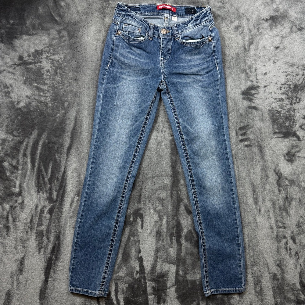 Unionbay Skinny Jeans Womens 0 Blue Low Rise Embroidered Flap Pocket Denim